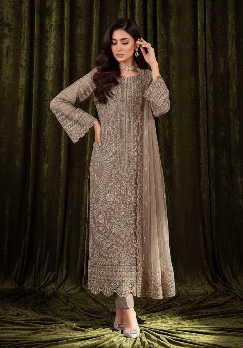 Beige Embroidery Georgette Kurta Set