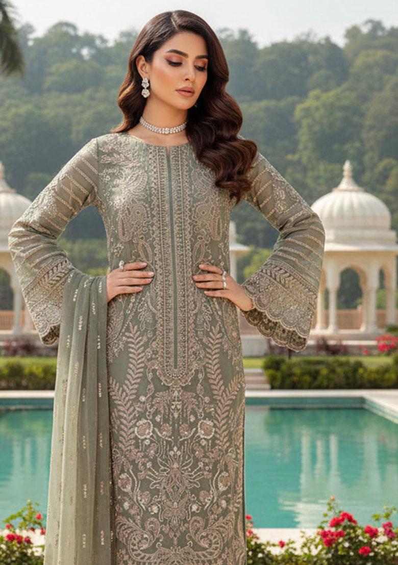 Green Embroidery Georgette Kurta Set - Indya