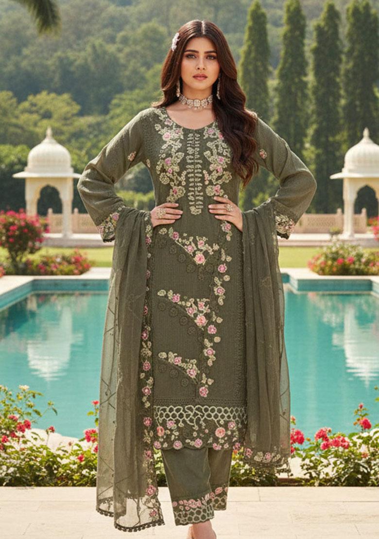 Green Embroidery Georgette Kurta Set - Indya