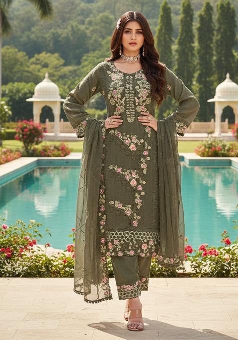 Green Embroidery Georgette Kurta Set