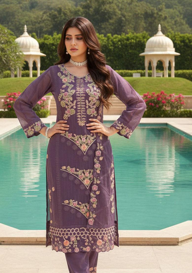 Dark Purple Embroidery Georgette Kurta Set - Indya