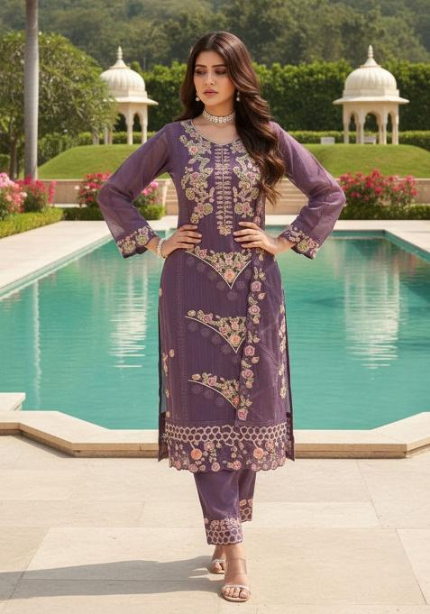 Dark Purple Embroidery Georgette Kurta Set