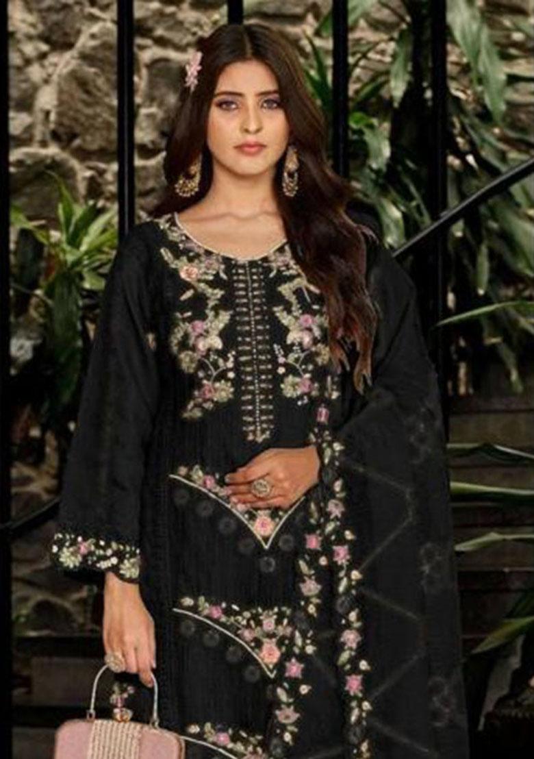 Black Embroidery Georgette Kurta Set - Indya
