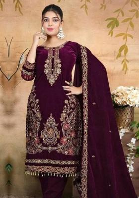 Purple Embroidery Velvet Kurta Set