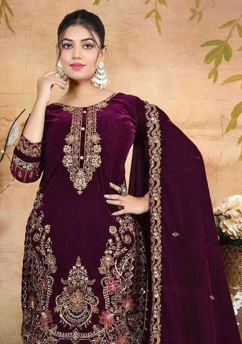 Purple Embroidery Velvet Kurta Set - Indya