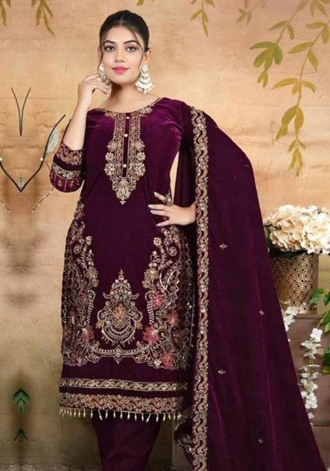 Purple Embroidery Velvet Kurta Set