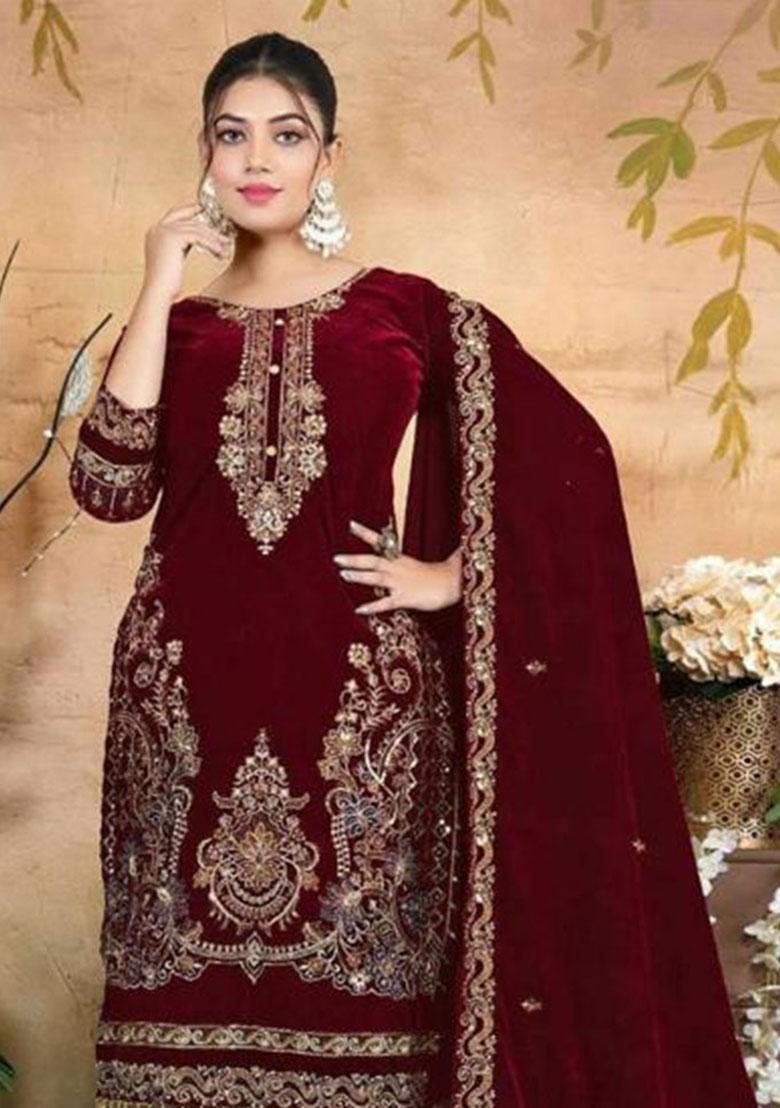 Maroon Embroidery Velvet Kurta Set - Indya