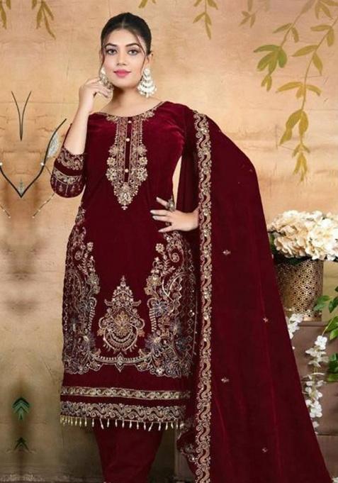 Maroon Embroidery Velvet Kurta Set
