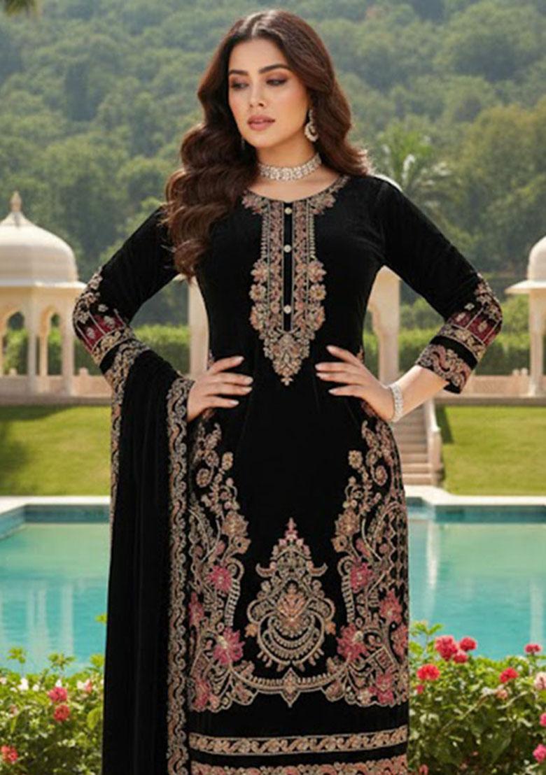 Black Embroidery Velvet Kurta Set - Indya