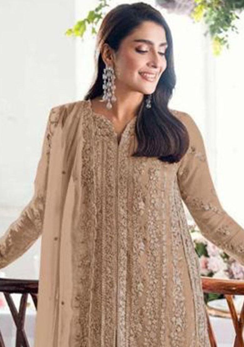 Brown Embroidery Georgette Kurta Set - Indya