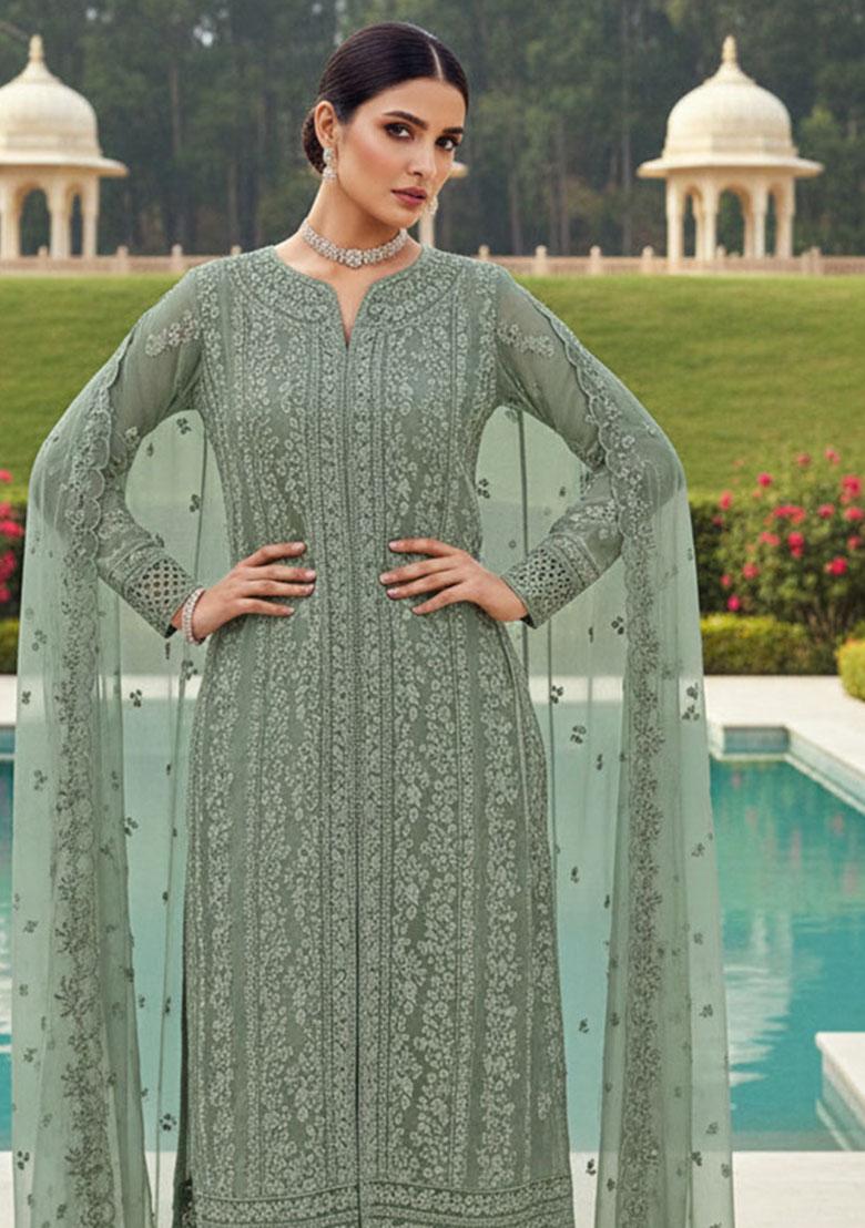 Green Embroidery Georgette Kurta Set - Indya