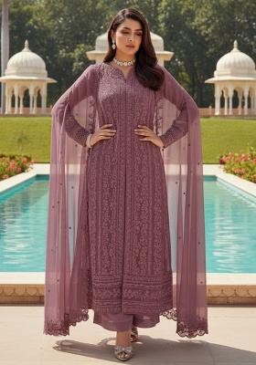 Plum Purple Embroidery Georgette Kurta Set