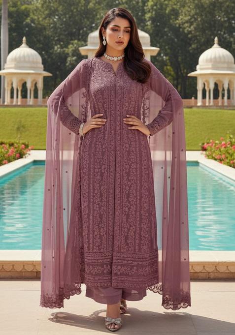 Plum Purple Embroidery Georgette Kurta Set
