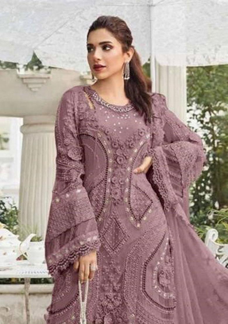 Dusty Mauve Embroidery Georgette Kurta Set - Indya