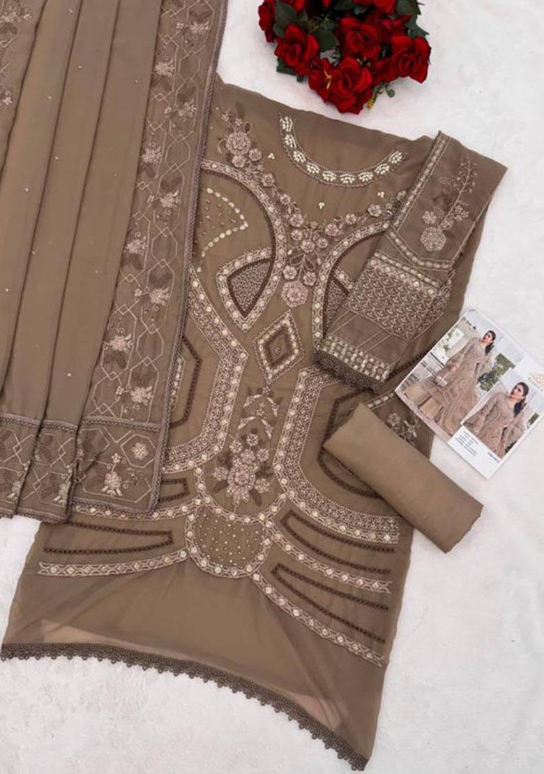 Taupe Embroidery Georgette Kurta Set - Indya