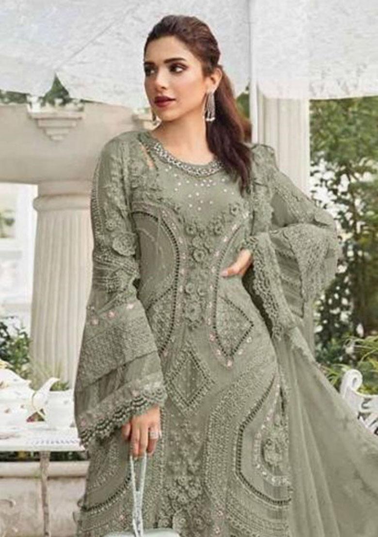 Green Embroidery Georgette Kurta Set - Indya
