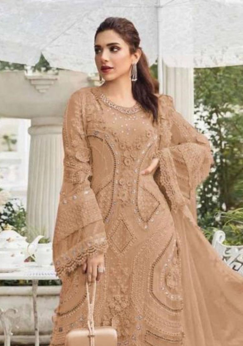 Coffee Embroidery Georgette Kurta Set - Indya