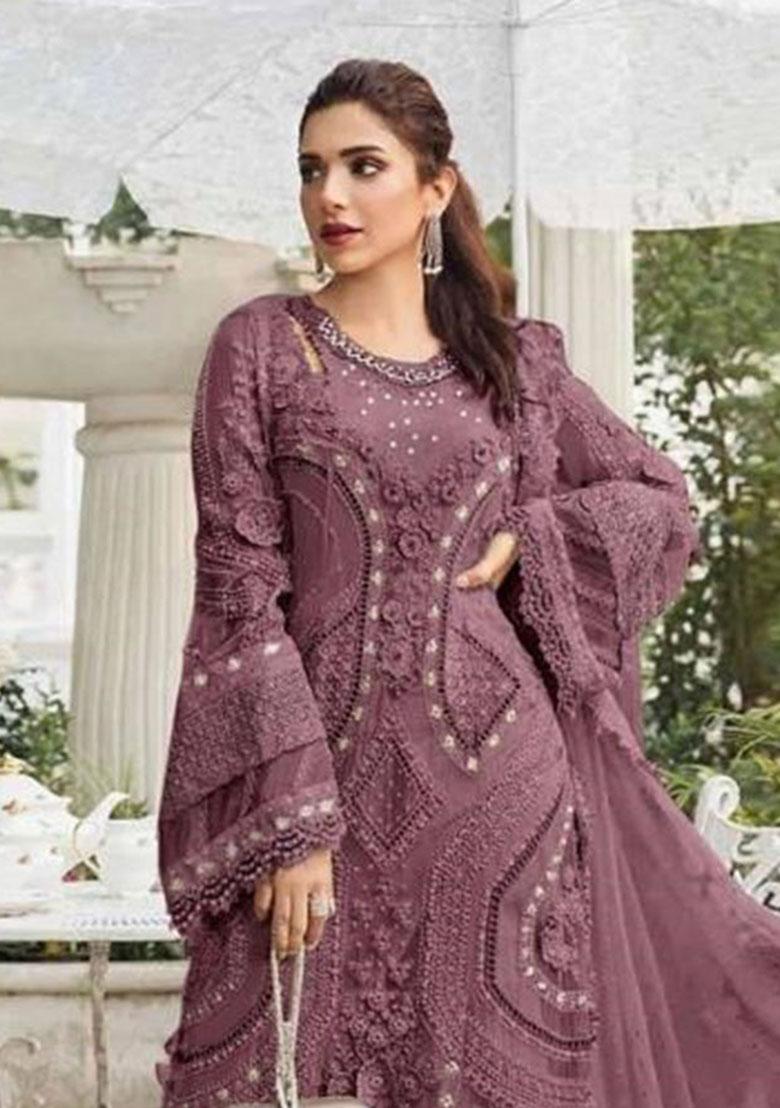 Purple Embroidery Georgette Kurta Set - Indya