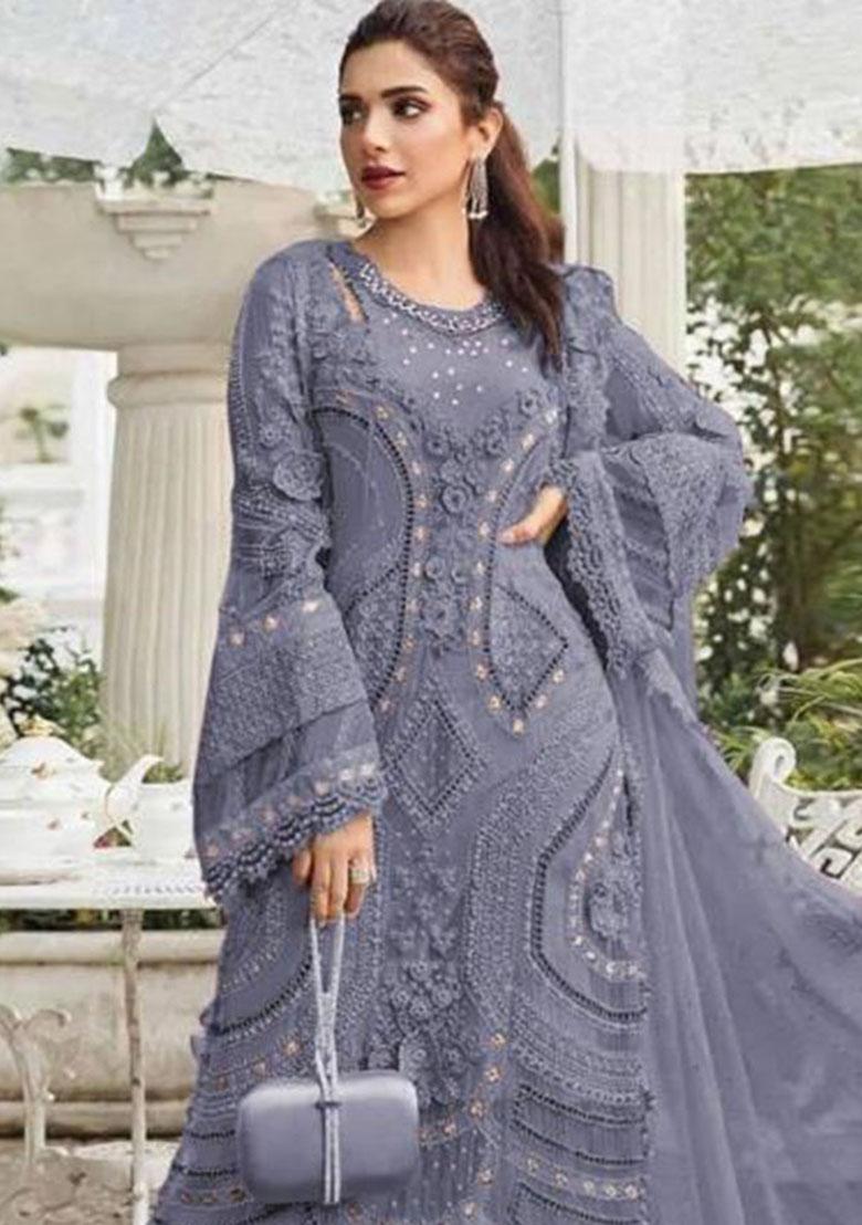 Light Blue Embroidery Georgette Kurta Set - Indya