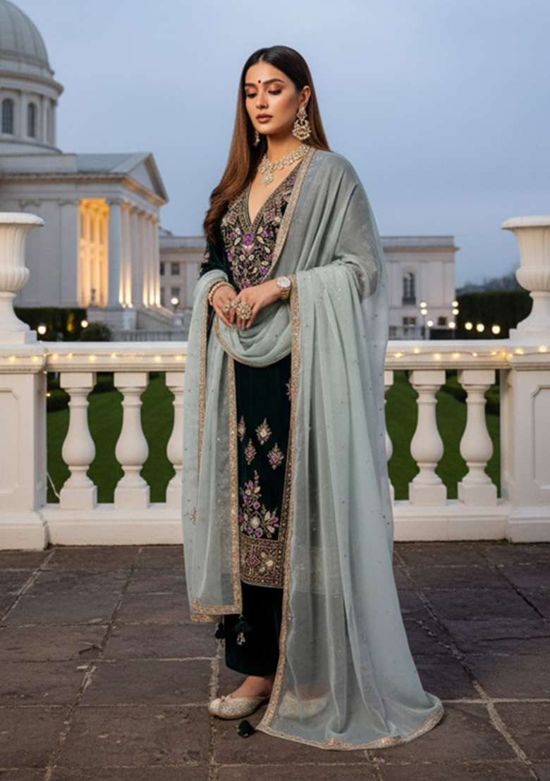 Black Embroidered Silk Pakistani Suit Set - Indya