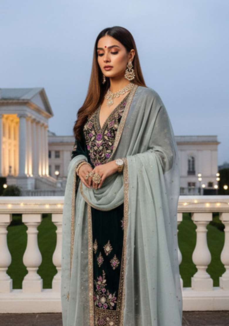 Black Embroidered Silk Pakistani Suit Set - Indya