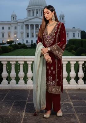 Maroon Embroidery Silk Pakistani Salwar Kameez