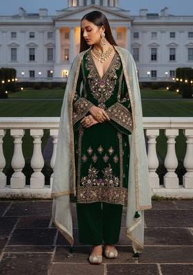 Green Embroidery Silk Pakistani Salwar Kameez