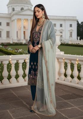 Dark Peacock Blue Embroidery Silk Pakistani Salwar Kameez