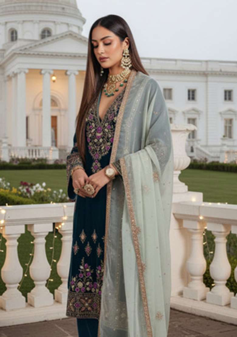 Dark Peacock Embroidered Silk Pakistani Suit Set - Indya