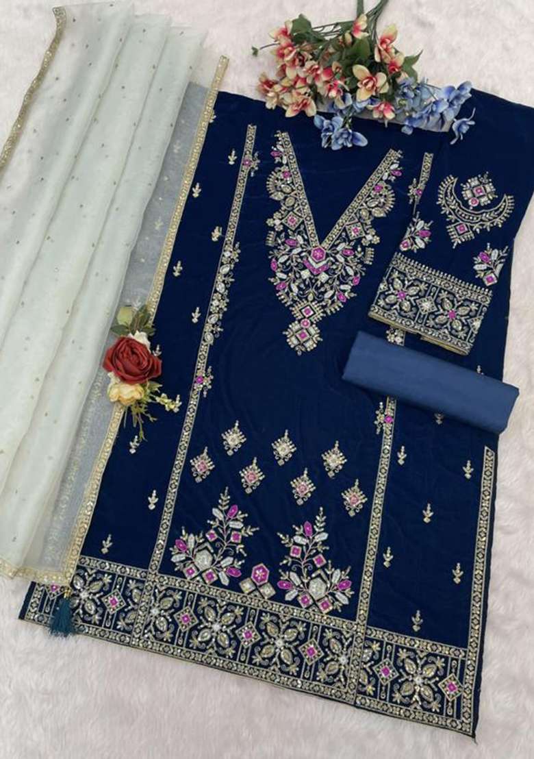 Dark Peacock Embroidered Silk Pakistani Suit Set - Indya