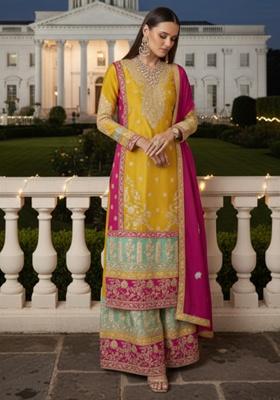 Golden Yellow Embroidery Silk Pakistani Straight Kurta Set