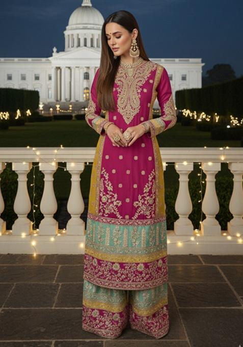 Deep Pink Embroidery Silk Pakistani Salwar Kameez