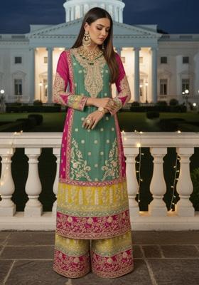 Teal Green Embroidery Silk Pakistani Salwar Kameez