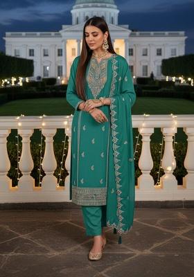 Deep Turquoise Embroidery Silk Pakistani Straight Kurta Set