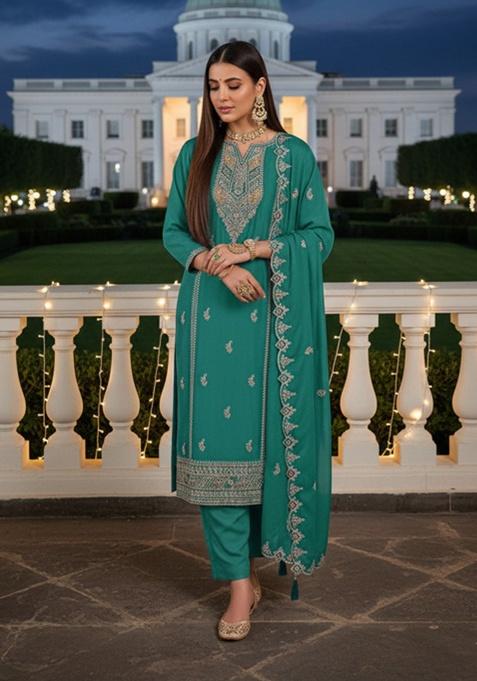 Deep Turquoise Embroidery Silk Pakistani Salwar Kameez