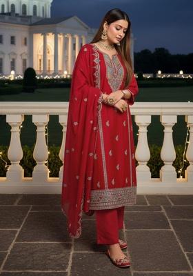 Crimson Red Embroidery Silk Pakistani Salwar Kameez