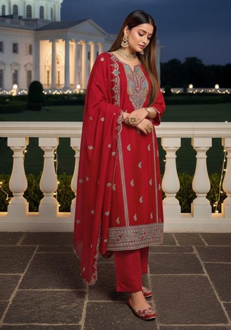 Crimson Red Embroidery Silk Pakistani Salwar Kameez
