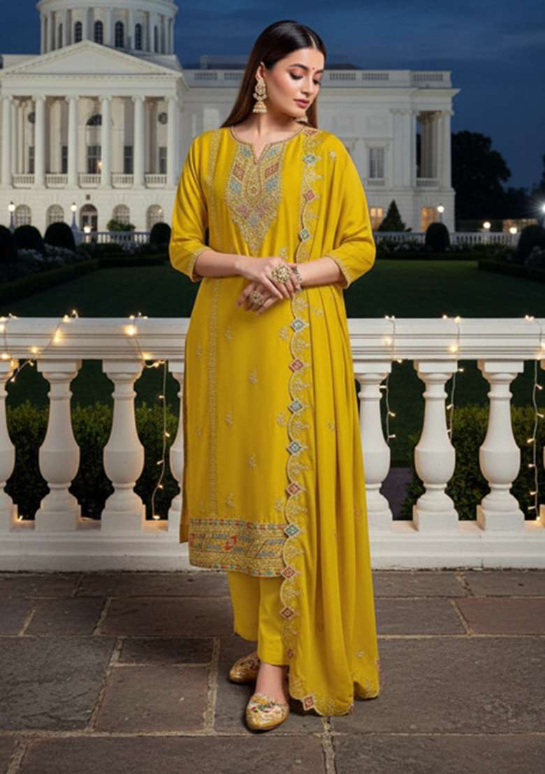 Mustard Yellow Embroidered Silk Pakistani Suit Set - Indya