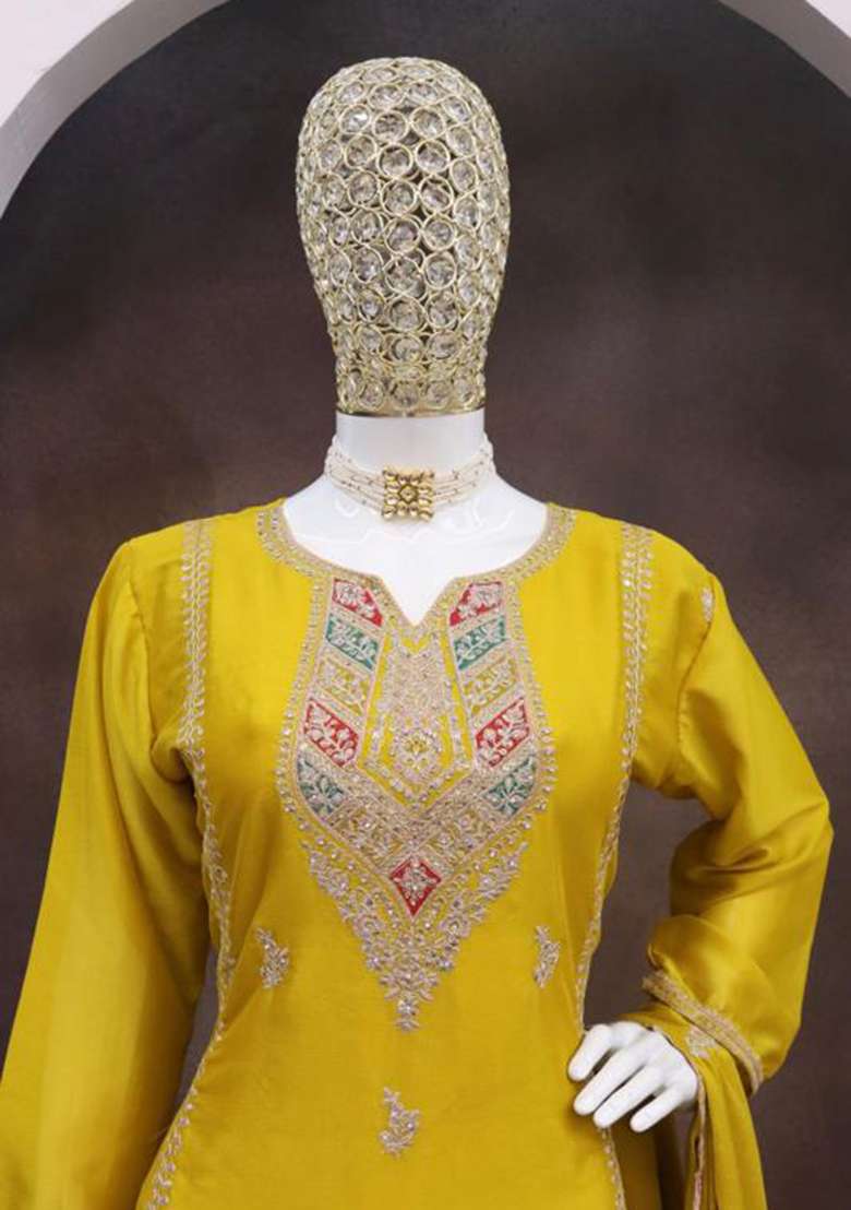Mustard Yellow Embroidered Silk Pakistani Suit Set - Indya