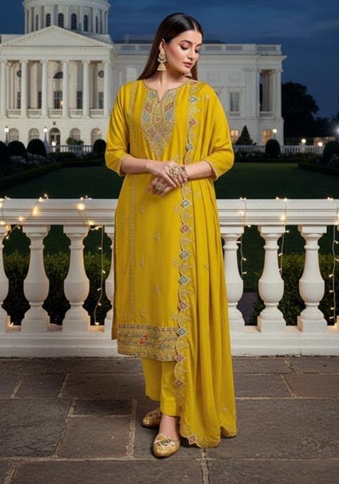 Mustard Yellow Embroidery Silk Pakistani Salwar Kameez