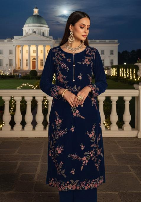 Navy Blue Embroidery Silk Pakistani Salwar Kameez