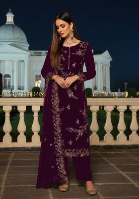 Deep Plum Embroidery Silk Pakistani Straight Kurta Set