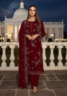 Deep Maroon Embroidery Silk Pakistani Straight Kurta Set