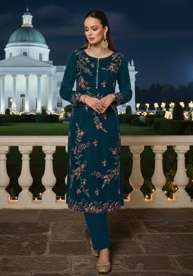 Peacock Blue Embroidery Silk Pakistani Salwar Kameez