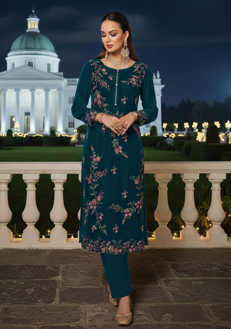 Peacock Blue Embroidered Silk Pakistani Suit Set - Indya