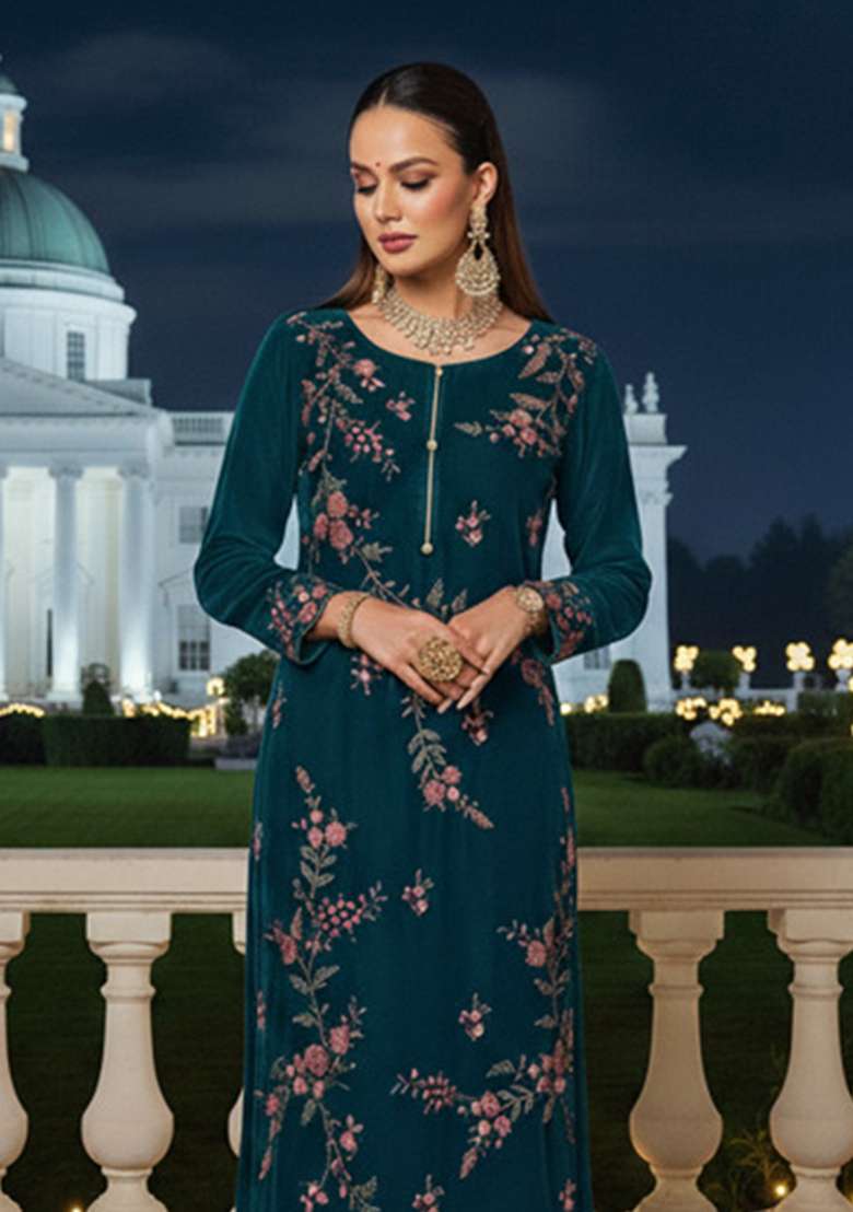 Peacock Blue Embroidered Silk Pakistani Suit Set - Indya