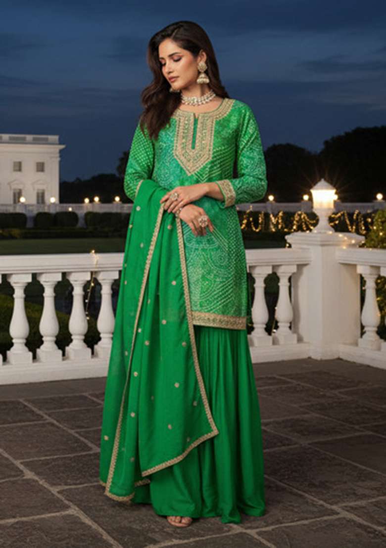 Emerald Green Embroidered Silk Sharara Set - Indya