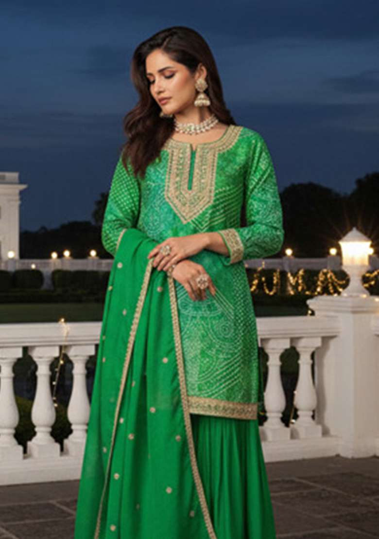 Emerald Green Embroidered Silk Sharara Set - Indya