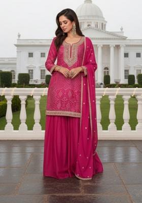 Deep Pink Embroidery Silk Pakistani Sharara Set