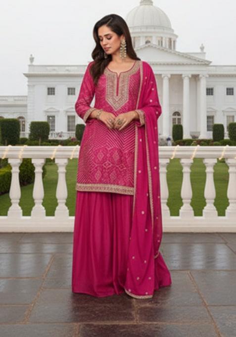 Deep Pink Embroidery Silk Pakistani Salwar Kameez